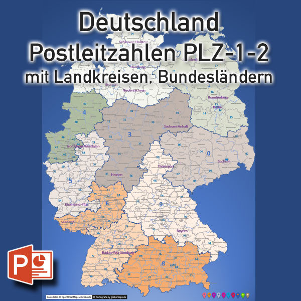 PowerPoint-Karte Deutschland Postleitzahlen PLZ-2 (2-stellig) mit Landkreisen Bundesländern (DIN A2), PLZ-1-Zonen, ausgewählte Ortsnamen, download, PLZ-Karte PowerPoint Deutschland, Karte PLZ-2 PowerPoint Deutschland