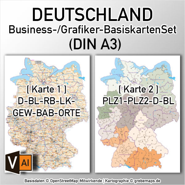 Business-/Grafiker-BasiskartenSet Deutschland Landkreise Autobahnen Orte Postleitzahlen PLZ-1-2 Vektorkarte DIN A3 (2019)
