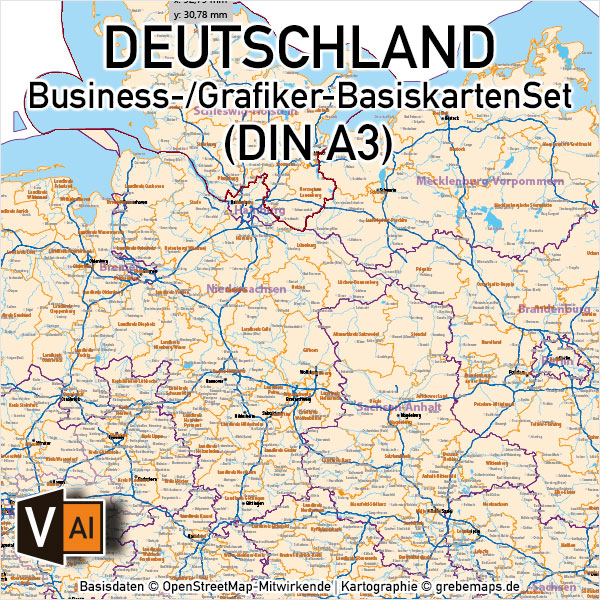 Business-/Grafiker-BasiskartenSet Deutschland Landkreise Autobahnen Orte Postleitzahlen PLZ-1-2 Vektorkarte (DIN A3), Karte Deutschland Autobahnen, Karte Deutschland Landkreise, VektorKarte Deutschland Landkreise, AI-Datei, download, editierbar, ebenen-separiert, germany vector map