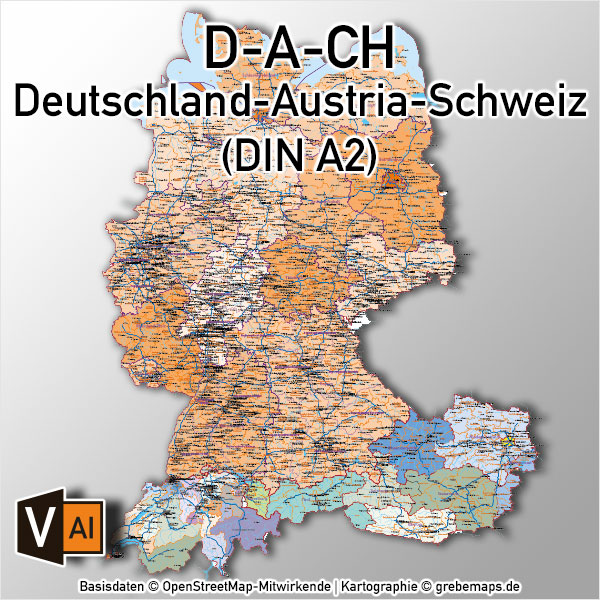 Deutschland Austria-Österreich Schweiz DACH Vektorkarte DIN A2 mit Autobahnen Orten (2019)
