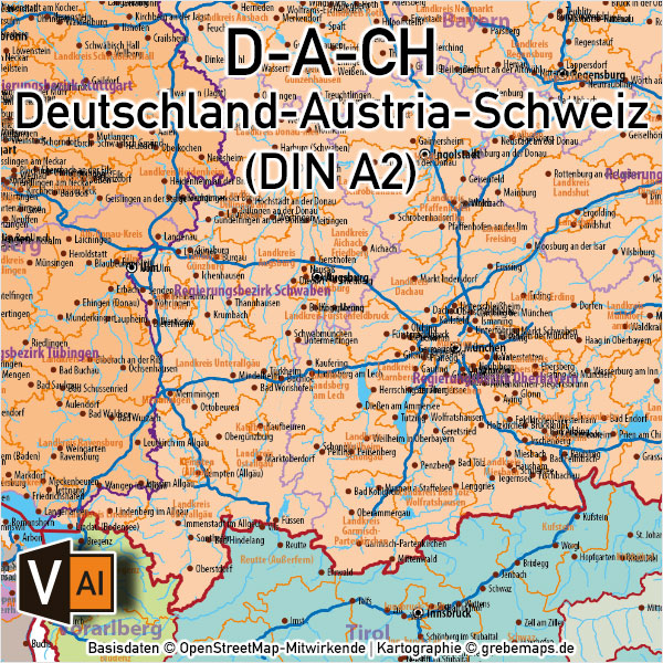 Deutschland Austria-Österreich Schweiz DACH Vektorkarte, Karte Deutschland Austria Schweiz, Karte DACH, Karte D-A-CH, Karte Deutschland Österreich Schweiz mit Autobahnen Bundesländer Kantone Landkreise, AI-Datei, download