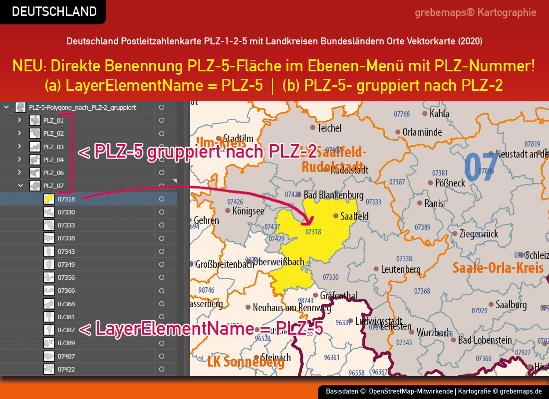 Deutschland Postleitzahlenkarte Plz 1 2 5 Mit Landkreisen Grebemaps