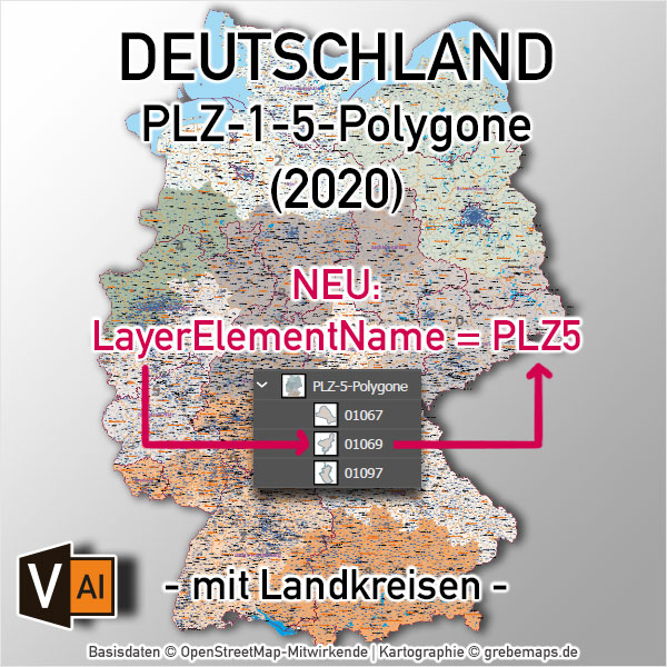 Deutschland Postleitzahlenkarte PLZ-1-5 mit Landkreisen, Karte PLZ Deutschland Vektor, Vektorkarte PLZ Deutschland 5-stellig, AI-Datei, download