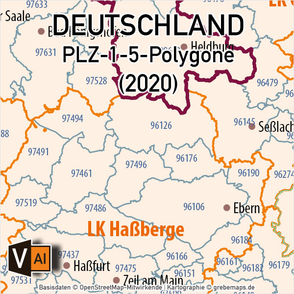 Deutschland Postleitzahlenkarte PLZ-1-5 ebenen-separiert mit Landkreisen, Karte PLZ Deutschland Vektor, Vektorkarte PLZ Deutschland 5-stellig, AI-Datei, download