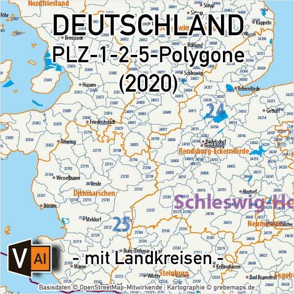 Deutschland Postleitzahlenkarte PLZ-1-2-5 mit Landkreisen Bundesländern, PLZ-5-Karte Deutschland, PLZ-2 Karte Deutschland, Karte Postleitzahlen Deutschland, editierbar, AI, download