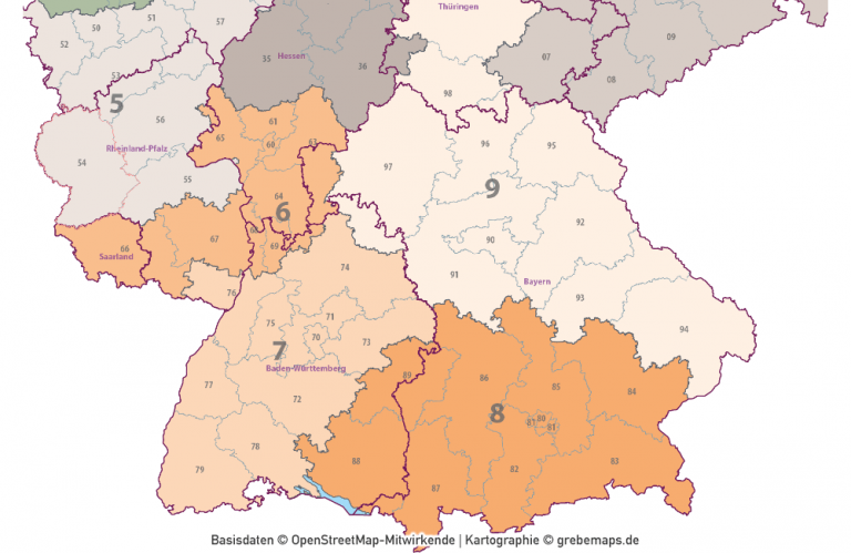 Deutschland Postleitzahlenkarte PLZ-1-2 mit Landkreisen - grebemaps